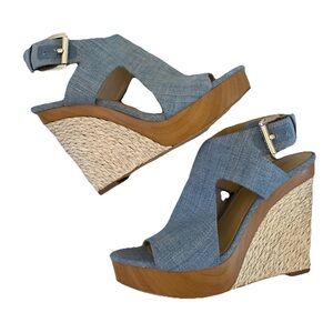 NEW Michael Kors Josephine Denim Espadrille  Wedge Open Toe Heel Sandals Size 6